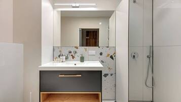 Shower, hair dryer, shampoo