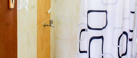 Shower, towels, soap, toilet paper
