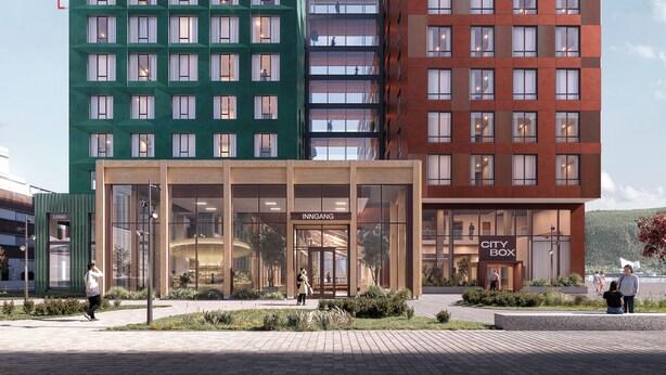 A modern hotel with multiple CITYBOX branded buildings, large windows, and a well-maintained outdoor area. - Citybox Tromsø (Tromsø)