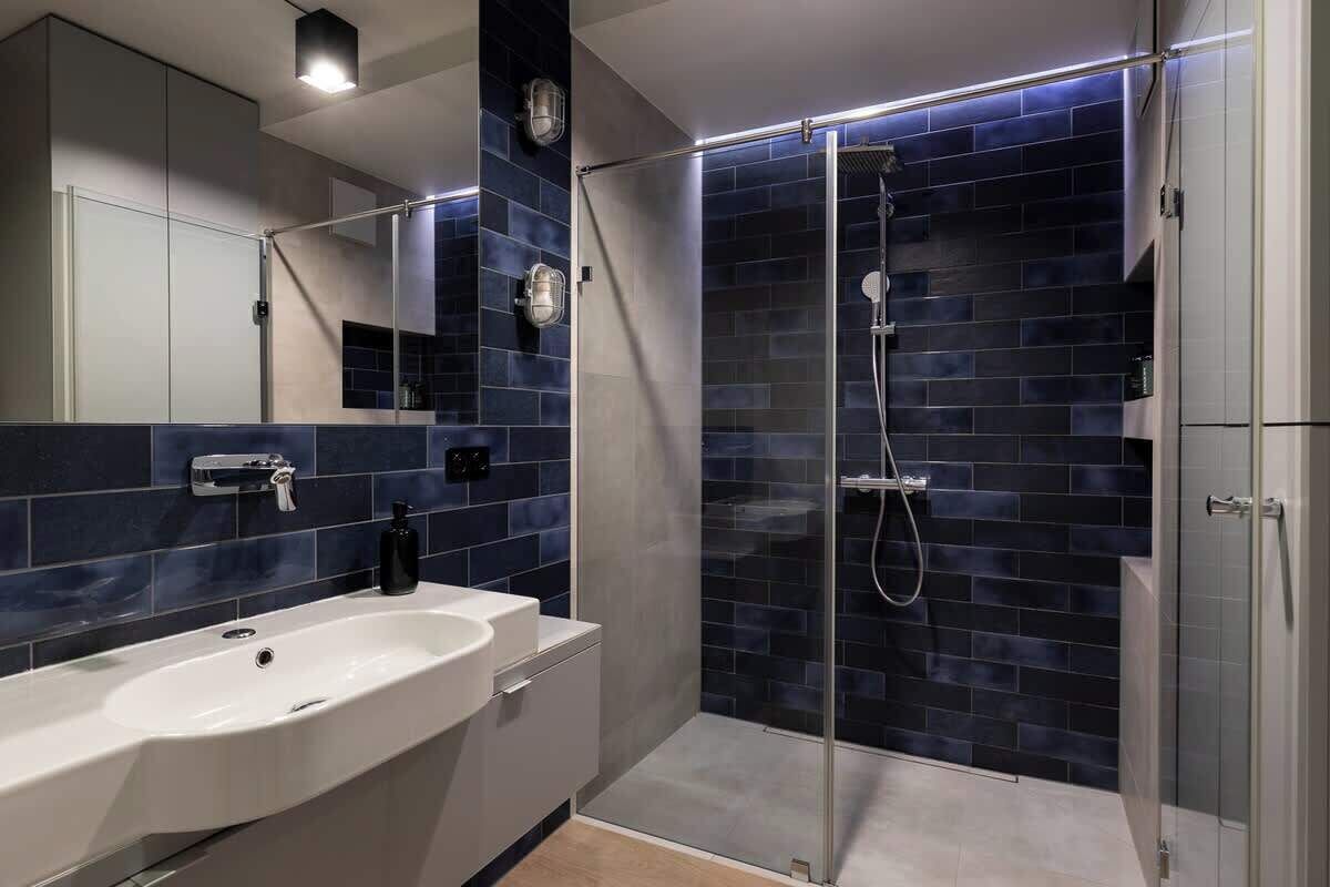 Shower, hair dryer, shampoo