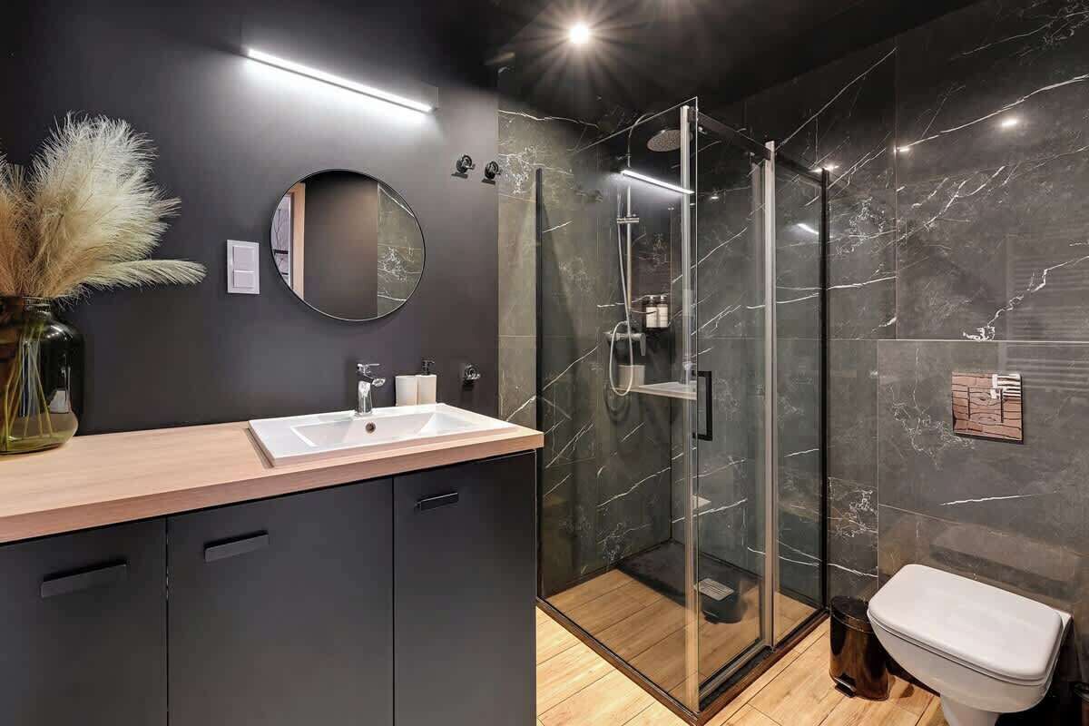 Shower, hair dryer, shampoo