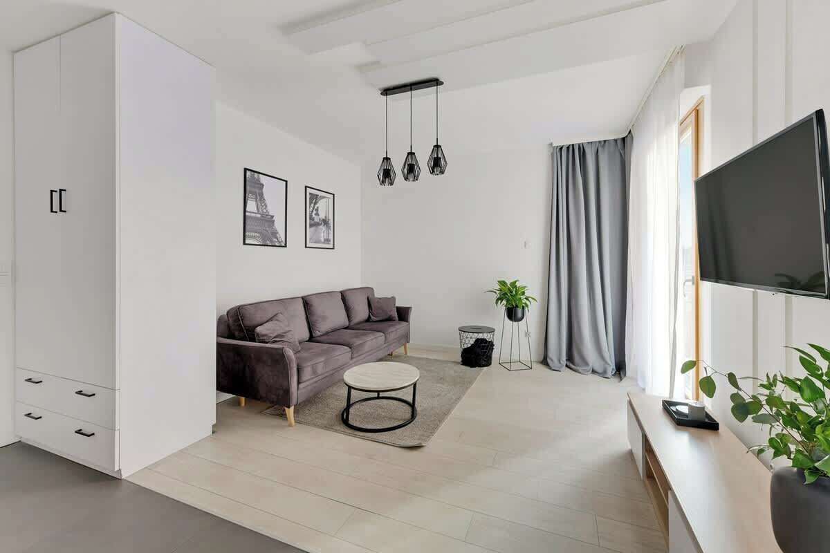 Un salon moderne avec un canapé, une table basse, un téléviseur et une plante.