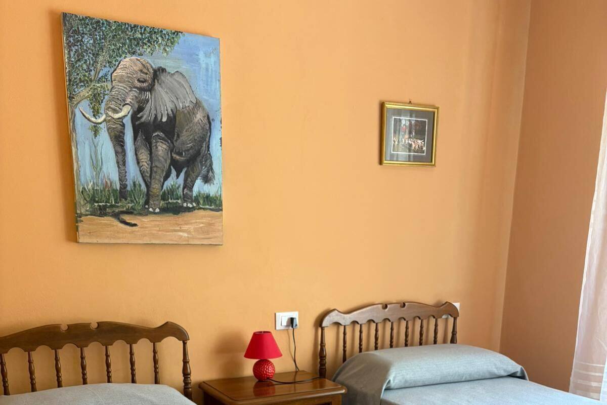Hotellihuone, jossa on kaksi sänkyä, yöpöytä, lamppu, seinällä oleva elefanttiaiheinen taulu ja kehystetty kuva.