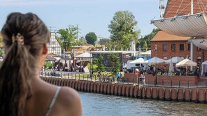 Una mujer en un barco contemplando una zona costera con una noria y edificios.