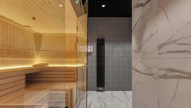 Un spa modern amb revestiment de fusta, paret amb motius i un terra de marbre.