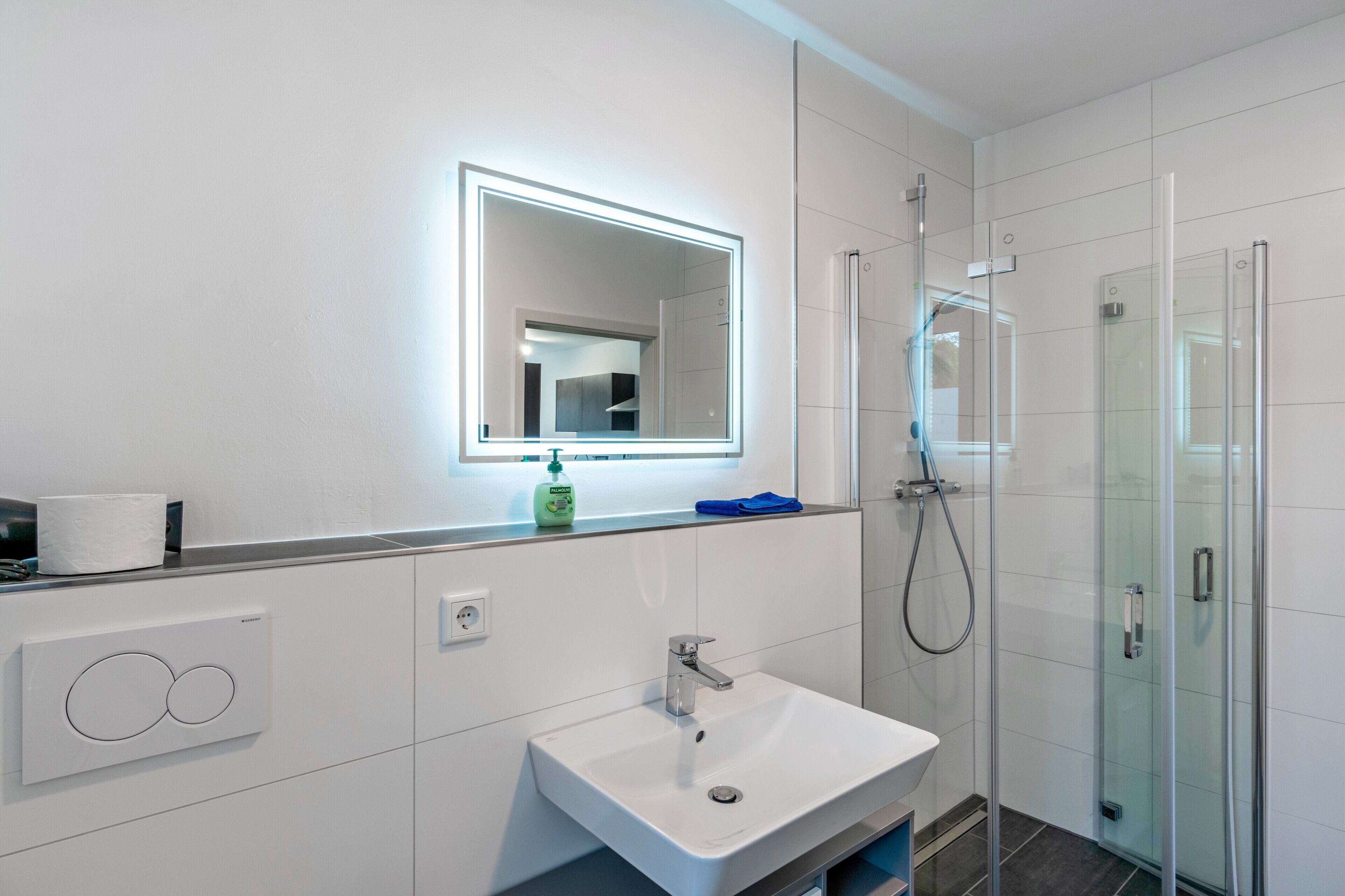 A modern bathroom with a white sink, a mirror, and a glass-enclosed shower.
