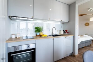 Eine moderne Küche mit Einbauofen, Spüle und einer Arbeitsplatte mit Topfpflanze und Kaffeemaschine.