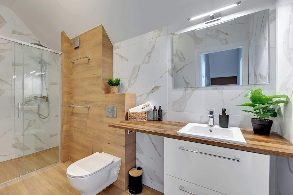 Shower, hair dryer, shampoo
