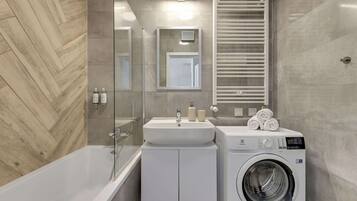 Shower, hair dryer, shampoo