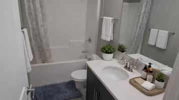 Hair dryer, towels, soap, toilet paper