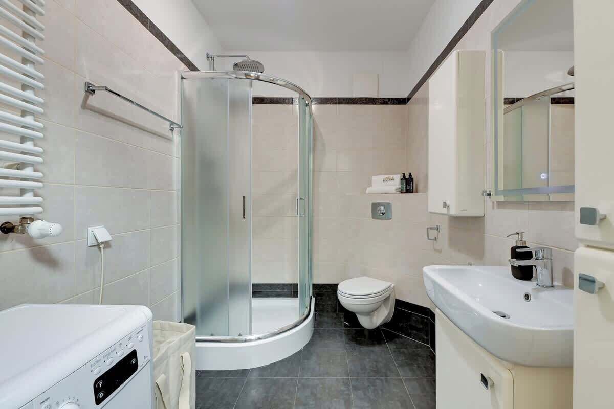 Shower, hair dryer, shampoo