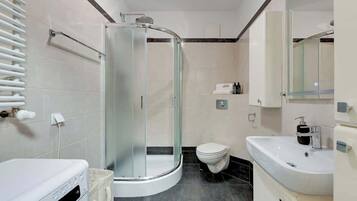 Shower, hair dryer, shampoo