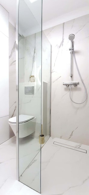 Chuveiro, secador de cabelo, shampoo 