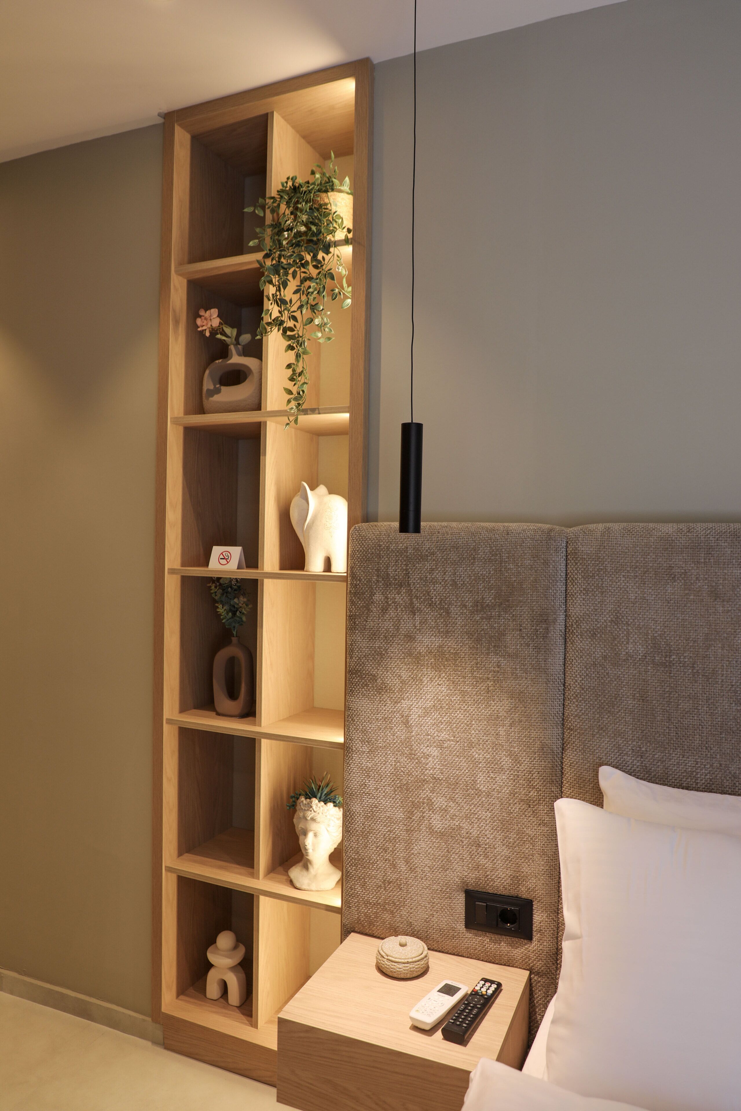 A modern bedroom with a built-in wooden shelf unit, a bedside table with a remote control, and a hanging plant.