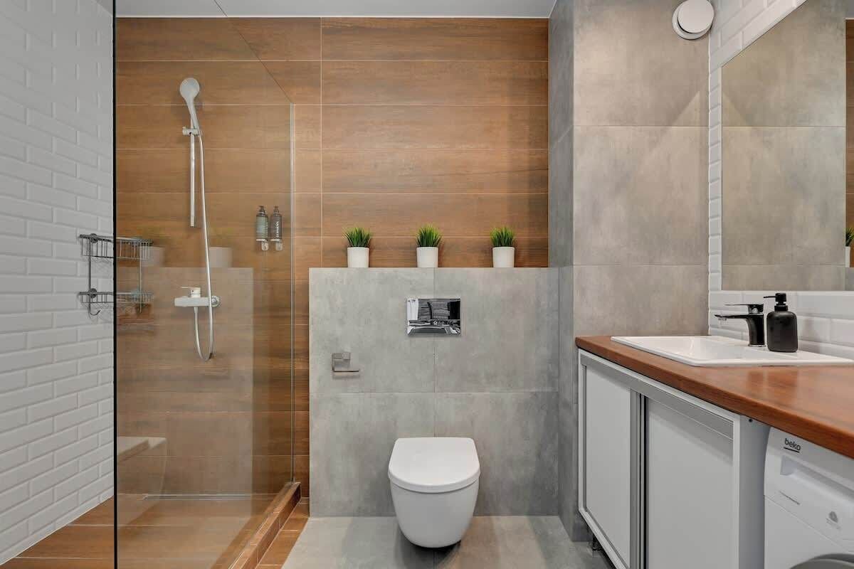 Shower, hair dryer, shampoo