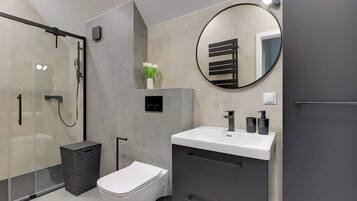 Shower, hair dryer, shampoo