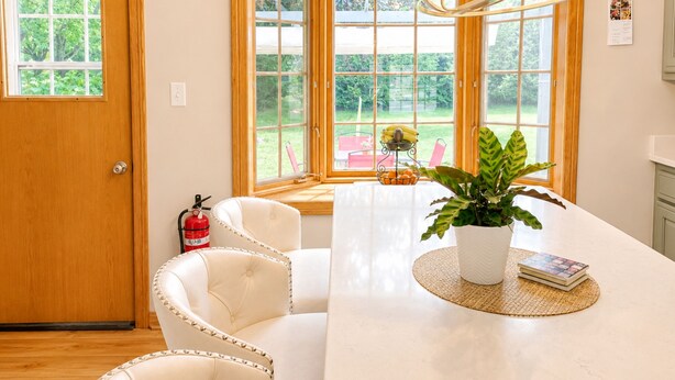 A room with a wooden door, a white table with a plant, and a view of greenery outside.