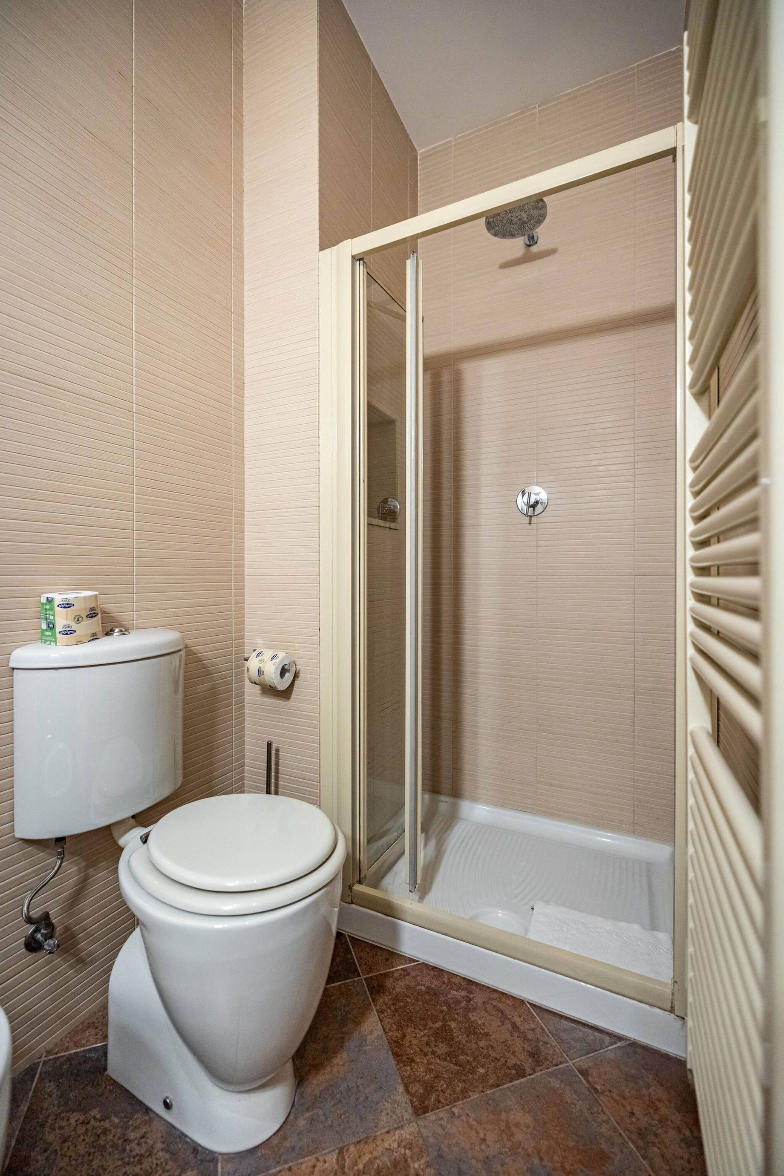 Ein modernes Badezimmer mit Toilette, Dusche und Toilettenpapierhalter.
