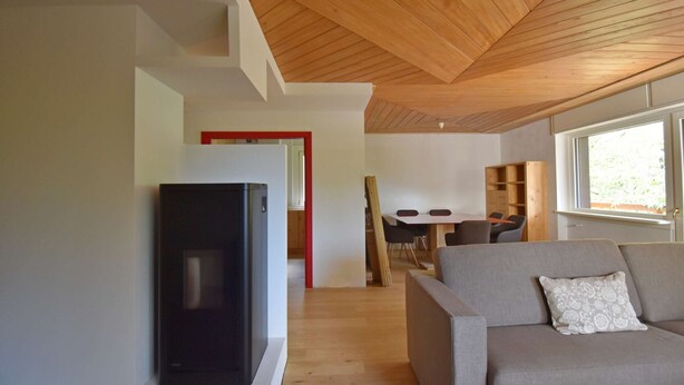 Een moderne woonkamer met een flatscreen televisie, een grijze bank, houten vloeren en een houten plafond.