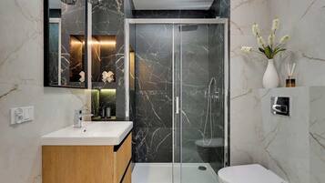 Dusche, Haartrockner, Handtücher, Shampoo