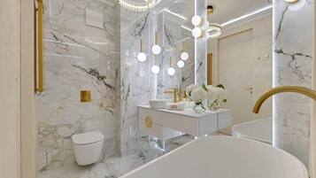 Shower, hair dryer, towels, shampoo