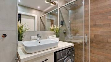 Shower, hair dryer, shampoo