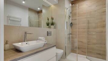 Shower, hair dryer, towels, shampoo