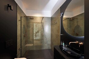 Shower, hair dryer, towels, shampoo
