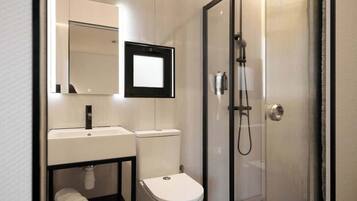 Shower, hair dryer, shampoo