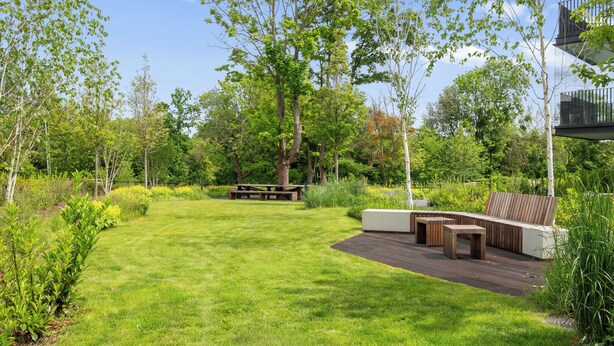 Um jardim bem cuidado com um deck de madeira, área de estar e mesa de piquenique.