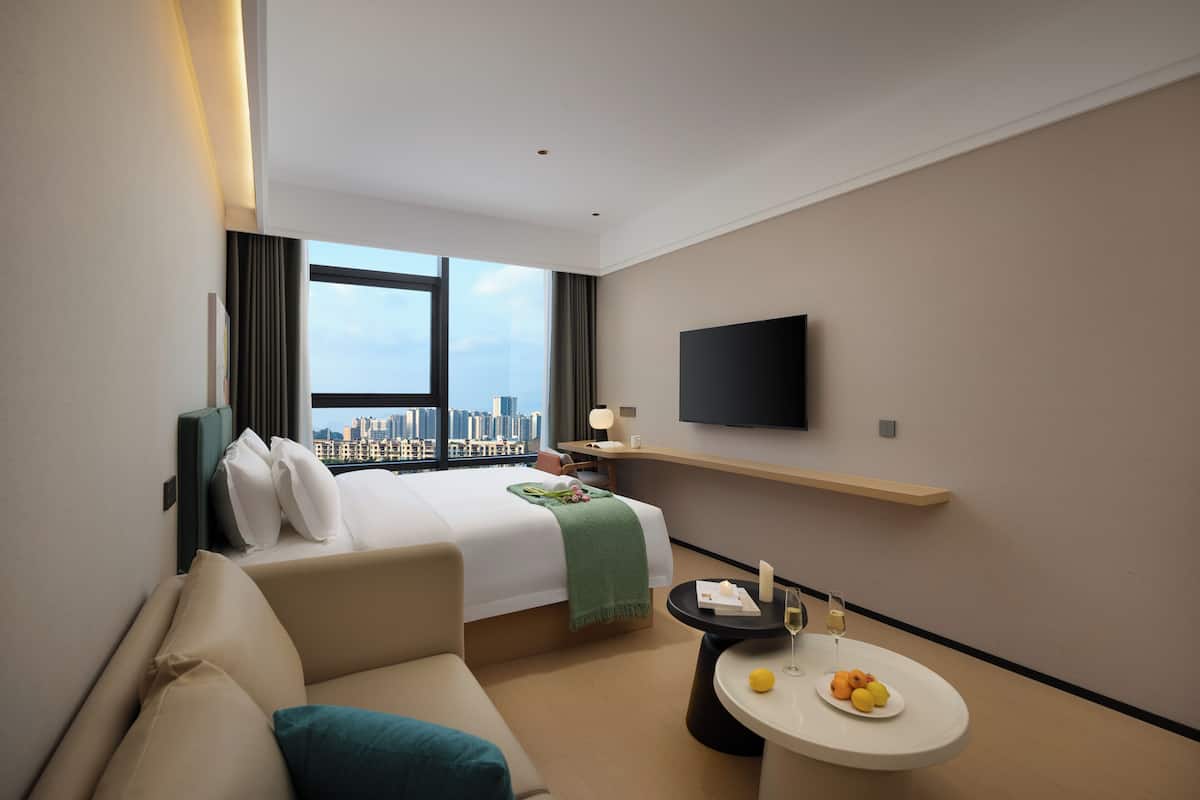 Habitación de hotel con una cama, un sofá, una pequeña mesa con fruta y un vaso, un televisor y vistas a la ciudad.