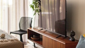 Ein Wohnzimmer mit einem Flachbildfernseher auf einem Holzboden, einem schwarzen Sessel, einer grünen Pflanze und einem Dekoelement auf dem Boden.