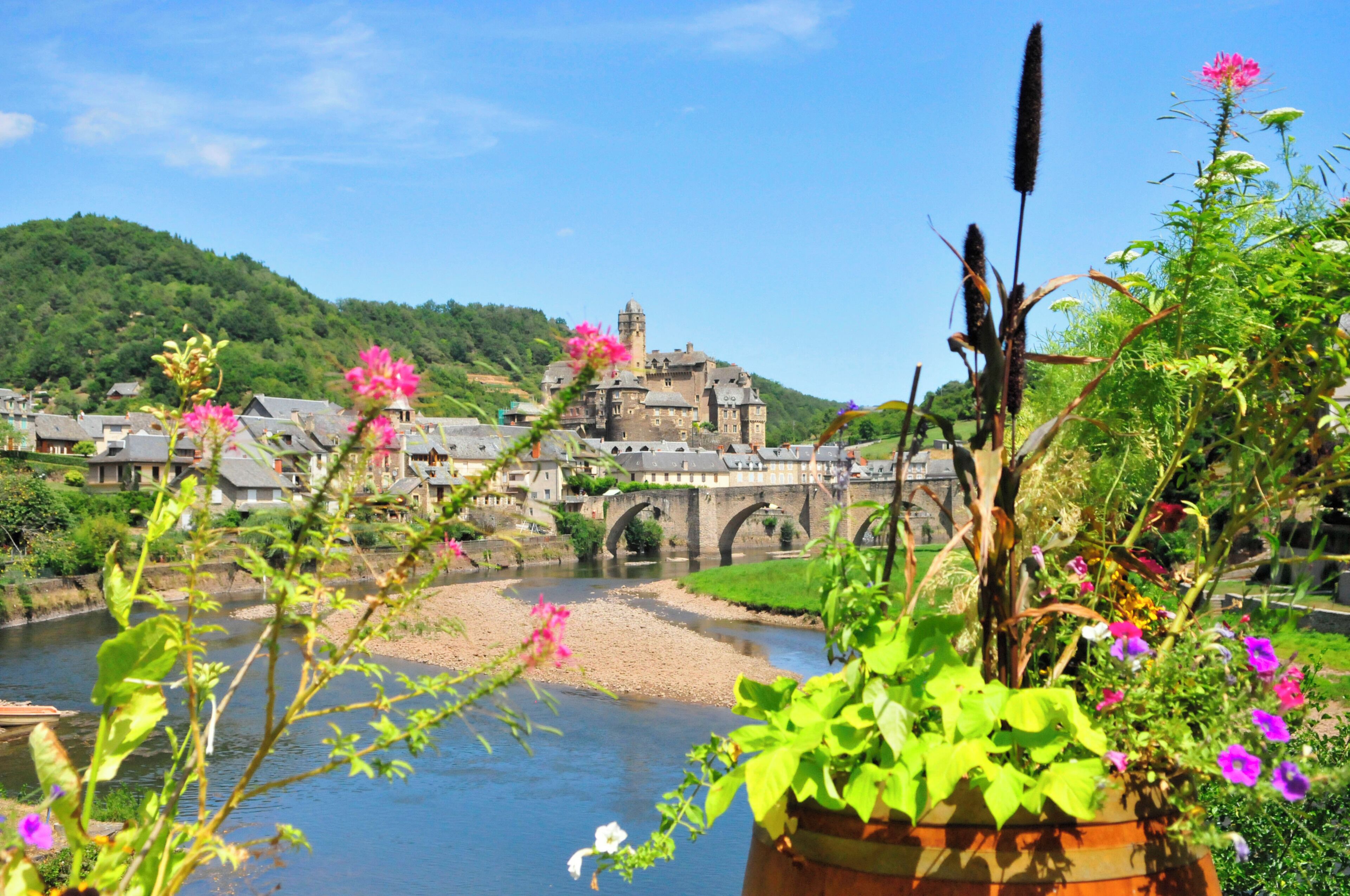 A historic building with a bridge, a river, and lush greenery.