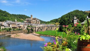 A historic town with a river, a bridge, and a castle-like building.