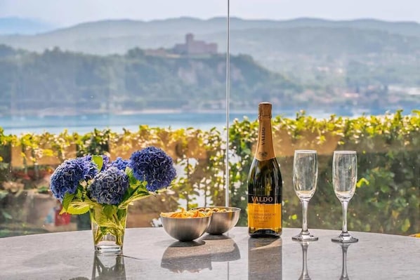 Una mesa con una botella de vino VALDO, dos copas, un bol de pasta y un jarrón de flores, con vistas panorámicas.