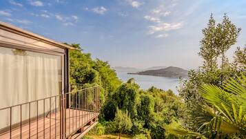 A balcony with a view of a lake and mountains.