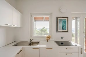 Una cocina moderna con armarios blancos, un lavamanos de acero inoxidable y una ventana con vistas a zonas verdes.