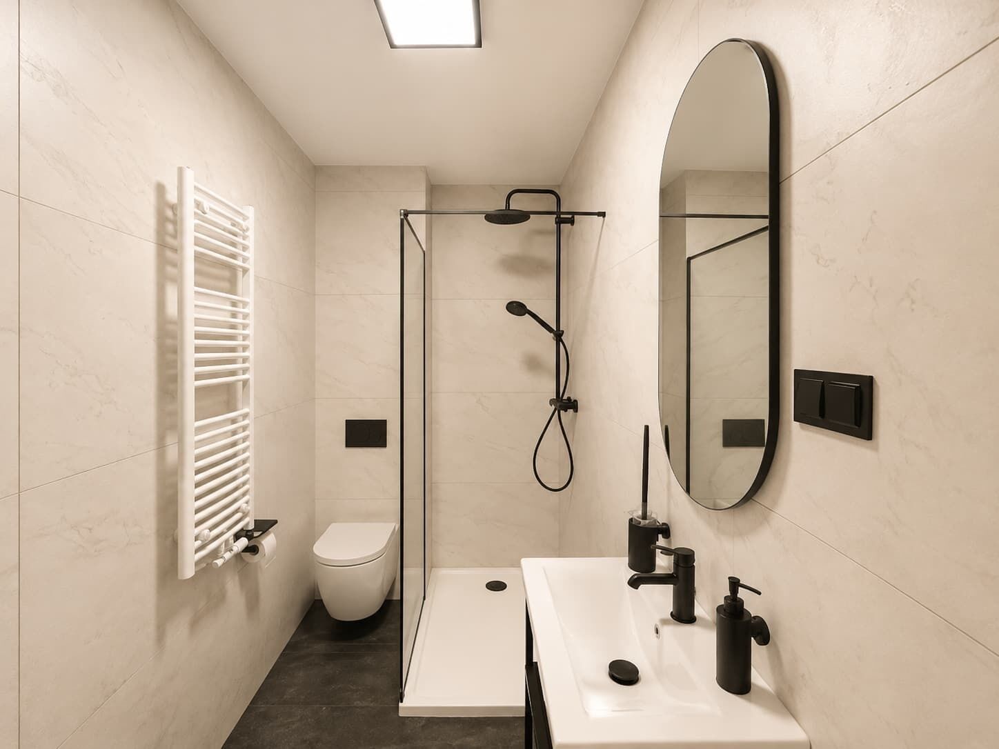 Shower, hair dryer, towels, shampoo