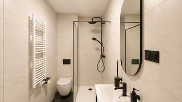 Shower, hair dryer, towels, shampoo
