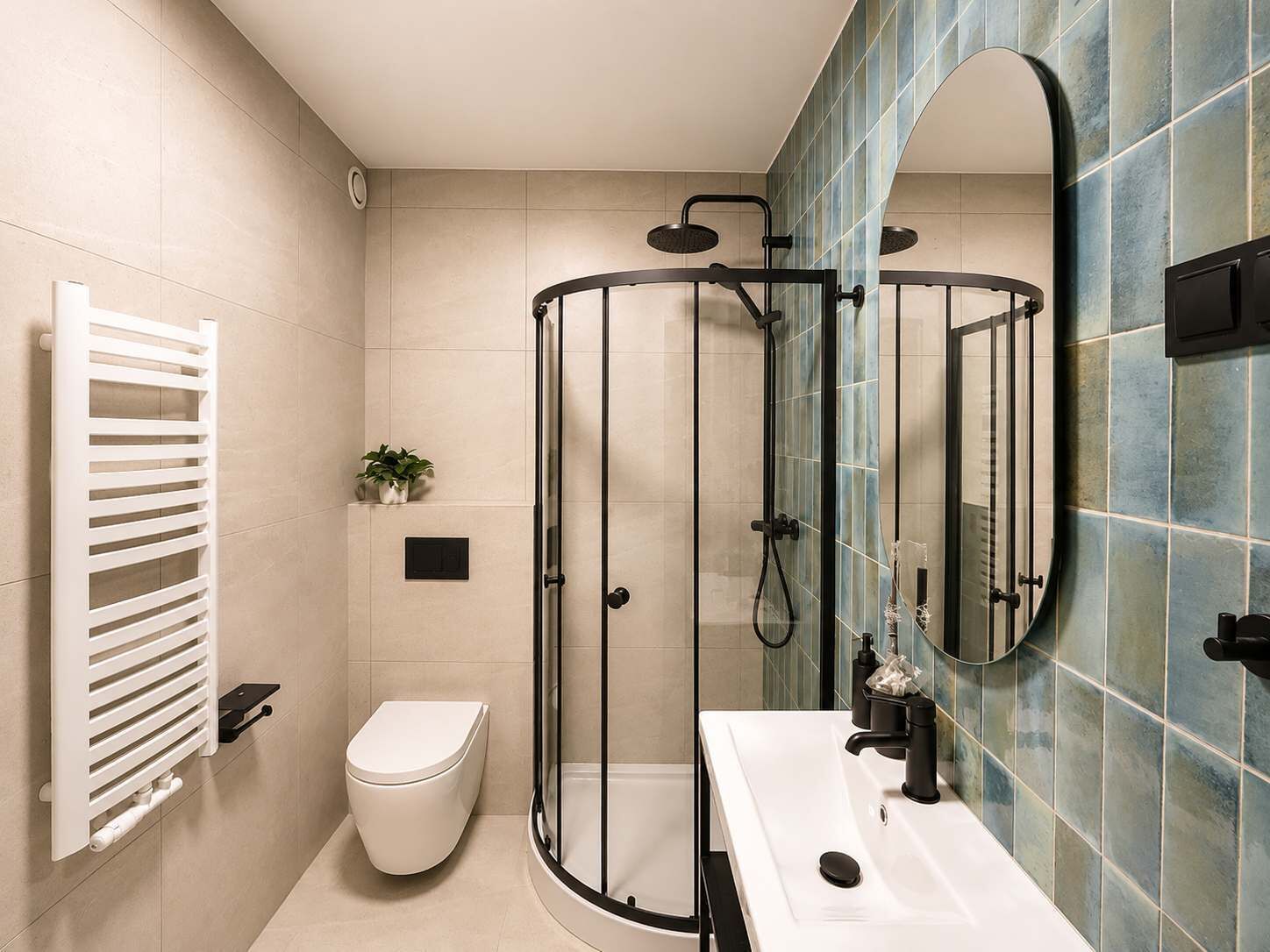 Shower, hair dryer, towels, shampoo