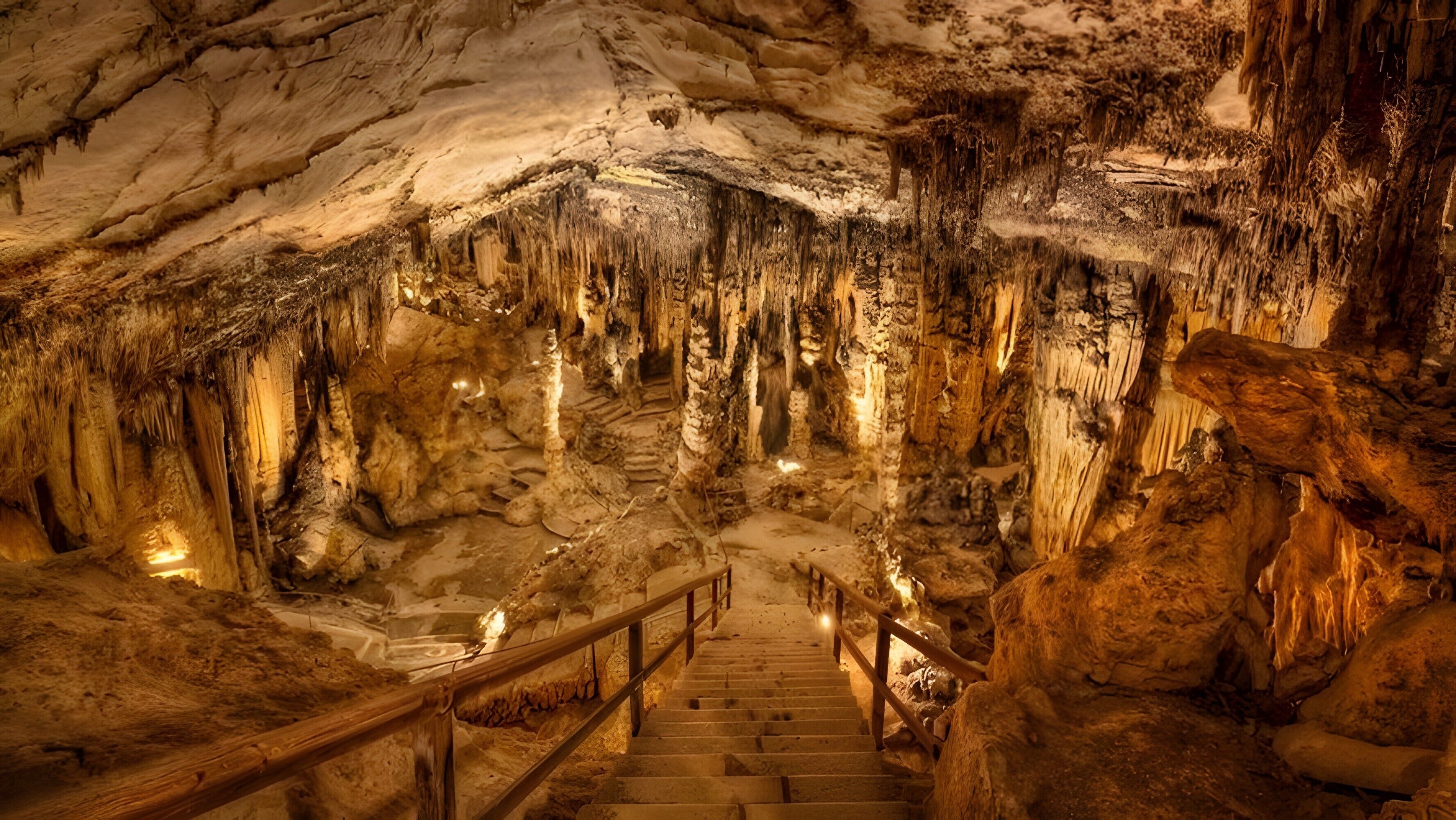 Une grotte ornée de stalactites, un escalier en bois et une rambarde.