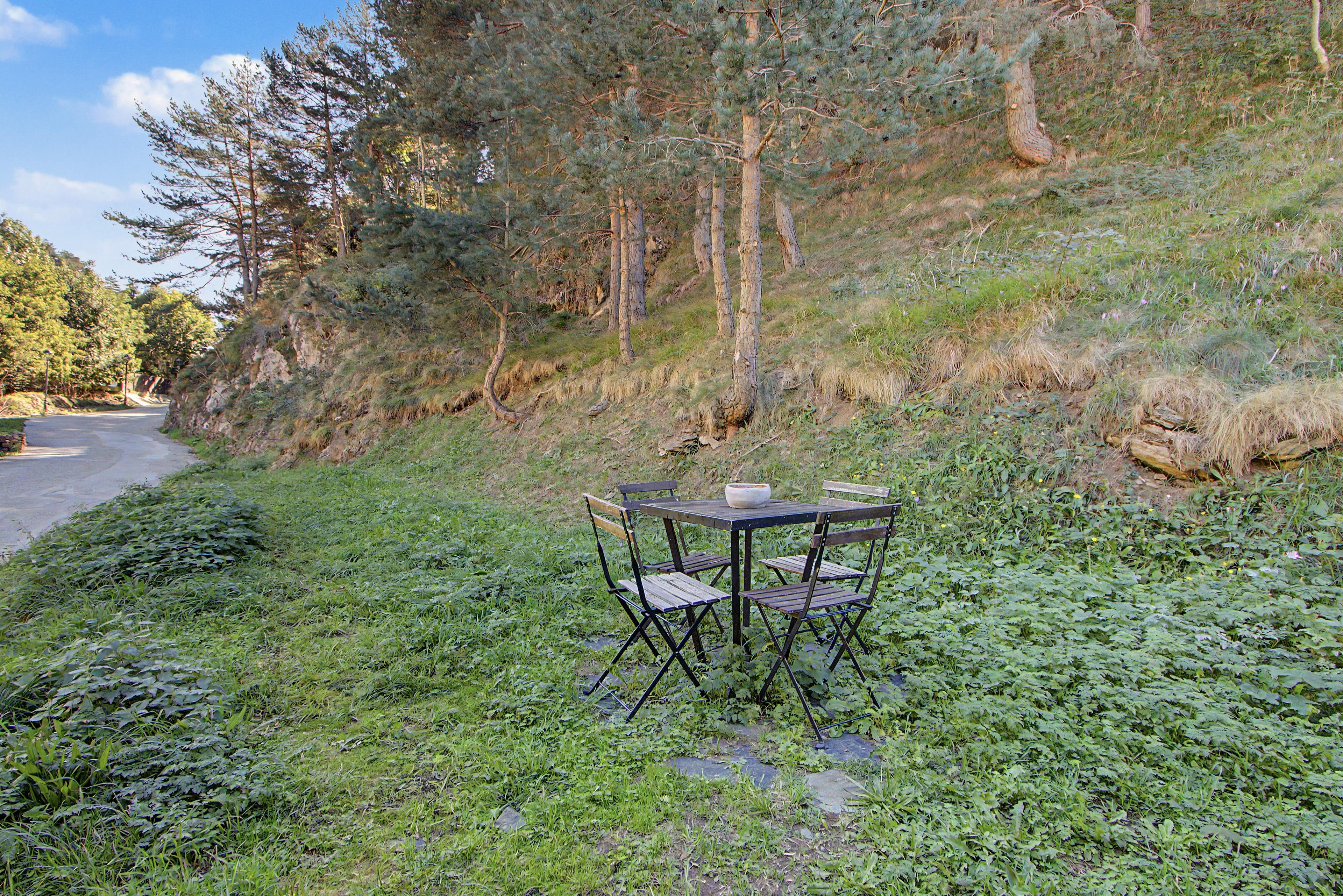 A table and chairs set up on a grassy slope with a road and trees in the background.