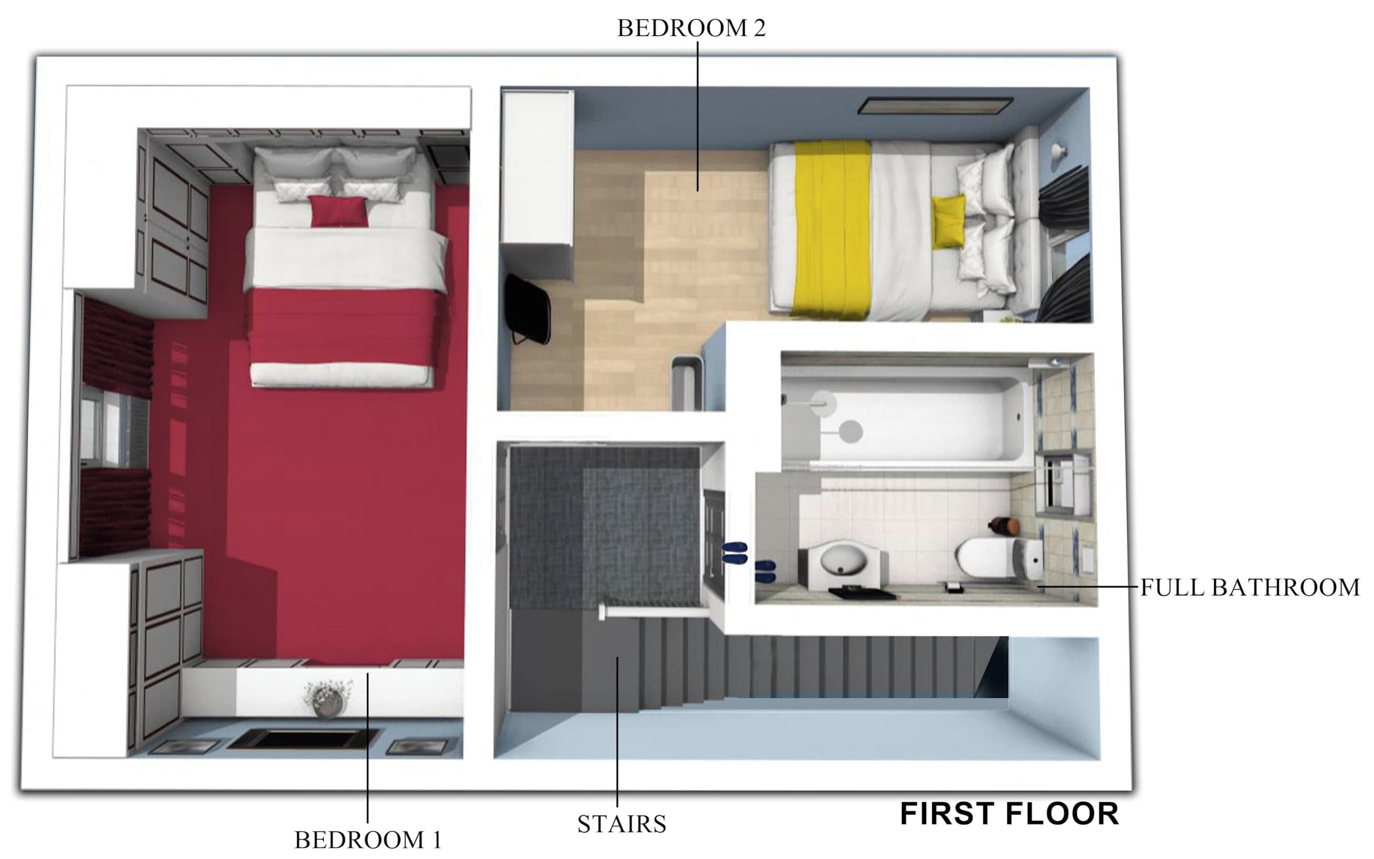 A first-floor layout with two bedrooms, a full bathroom, and a staircase.