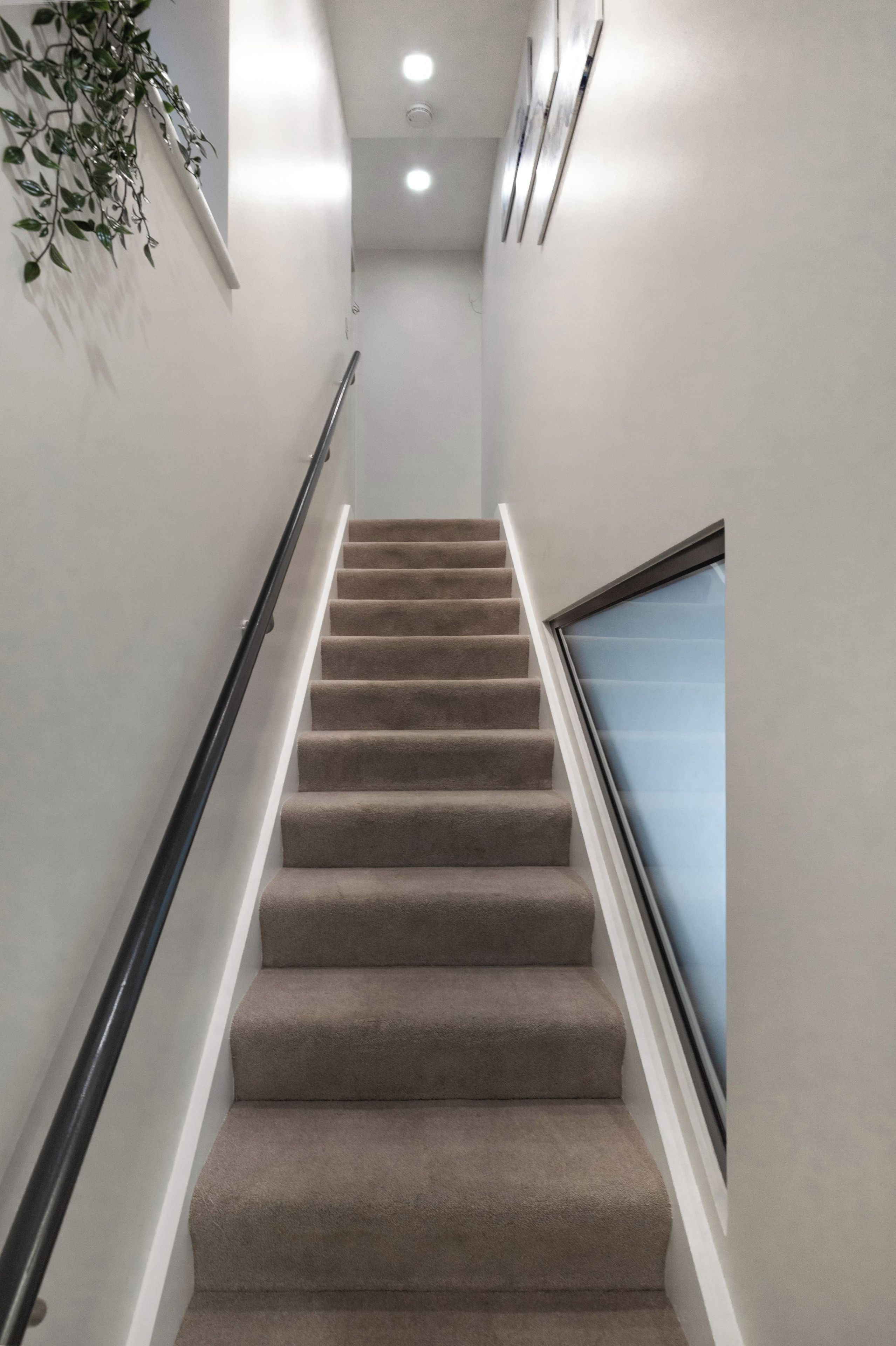 A carpeted staircase with a handrail, leading to a landing with a glass door.