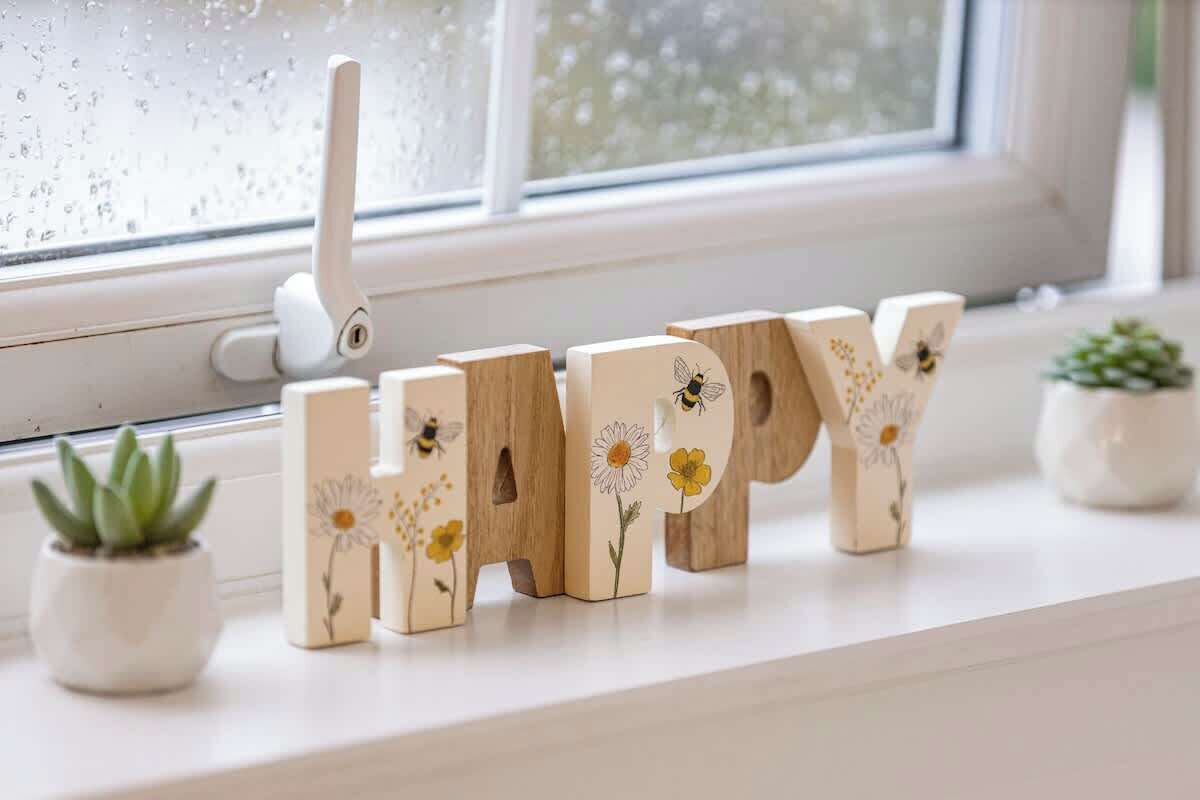 Letras de madera que dicen 'HAPPY', con diseños florales y de abejas, una ventana con cortina blanca y pequeñas macetas en el alféizar.