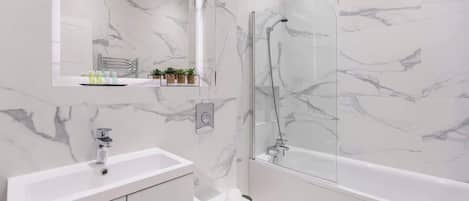 Shower, hair dryer, shampoo