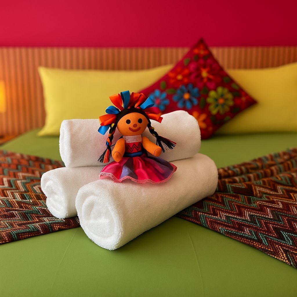 Una cama con un cojín de colores, un adorno para la cabecera y una pequeña muñeca.