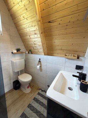Shower, hair dryer, towels, toilet paper - A-frame Cabin with Private Pool in Nature (Lukovitsa)