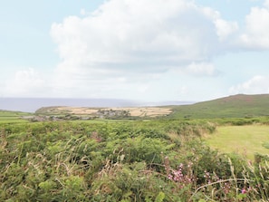 A rural landscape with fields, a distant village, and a hill. - Ninevah (St Ives)