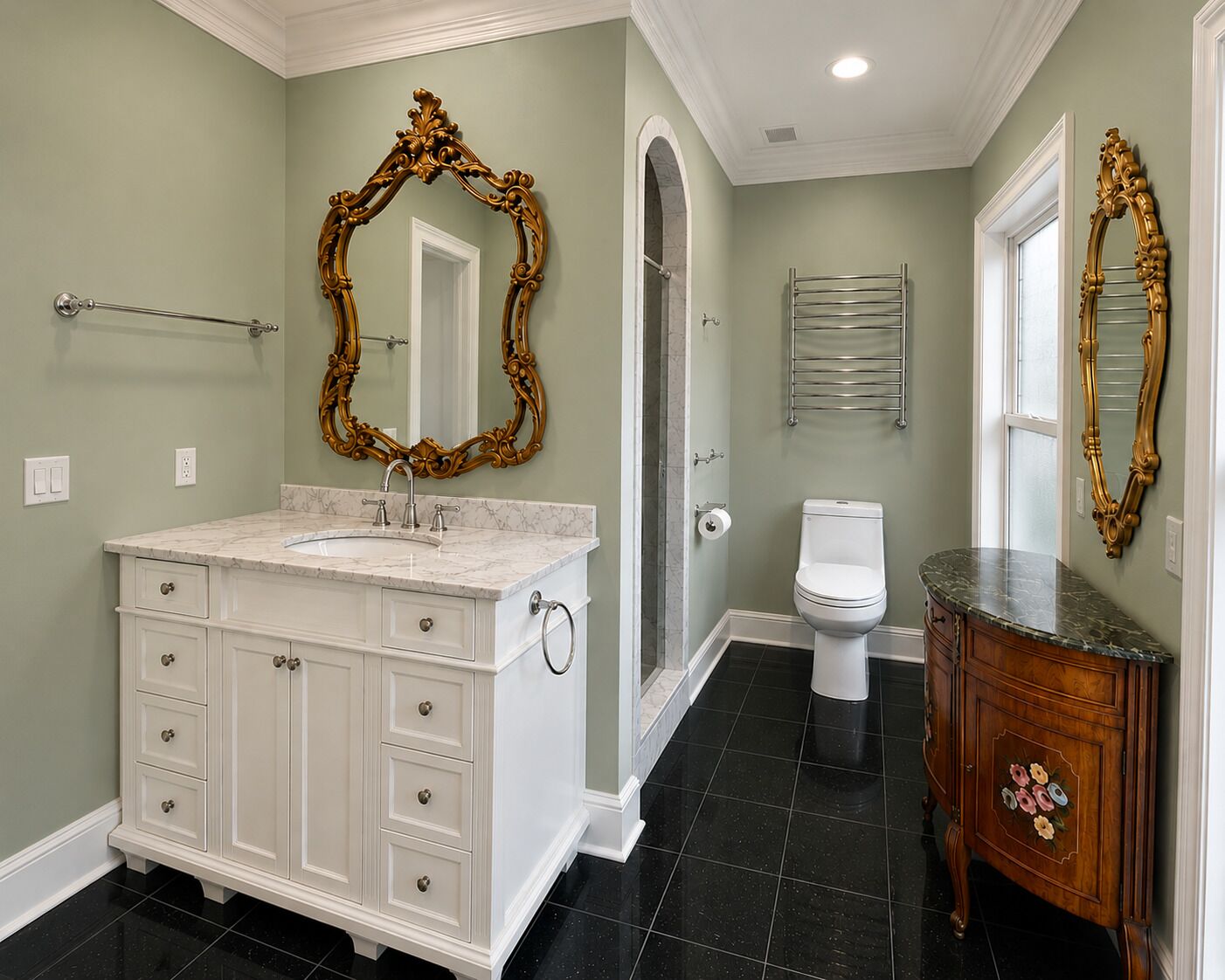 A bathroom with a white vanity, a large ornate mirror, a toilet, and a wooden cabinet.